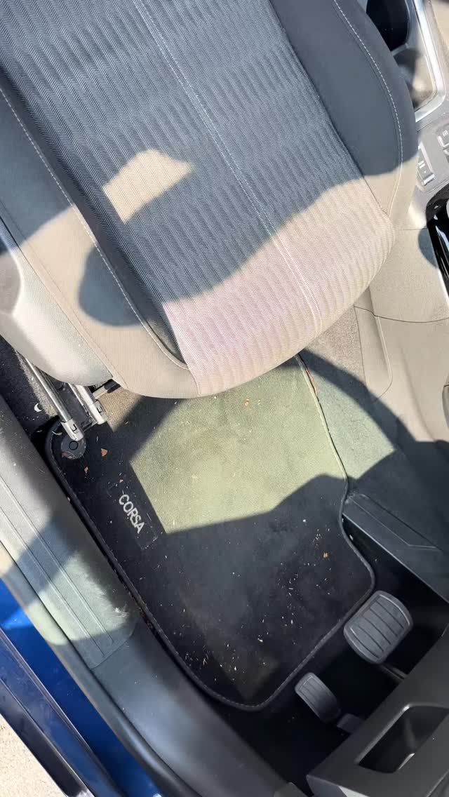 Driver's side carpet mat with debris, ready for cleaning